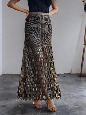 NWT Euro Chic SZ L Cutout Knotted Crochet Lace Golden Metallic A-Line Maxi Skirt